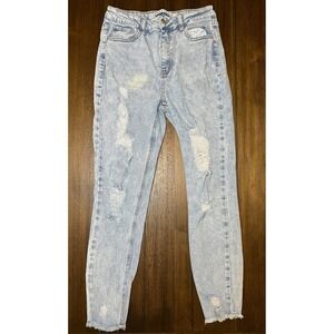 Tinseltown Juniors Size 7 Light Wash Distressed High‎ Rise Skinny Jeans Raw Hem